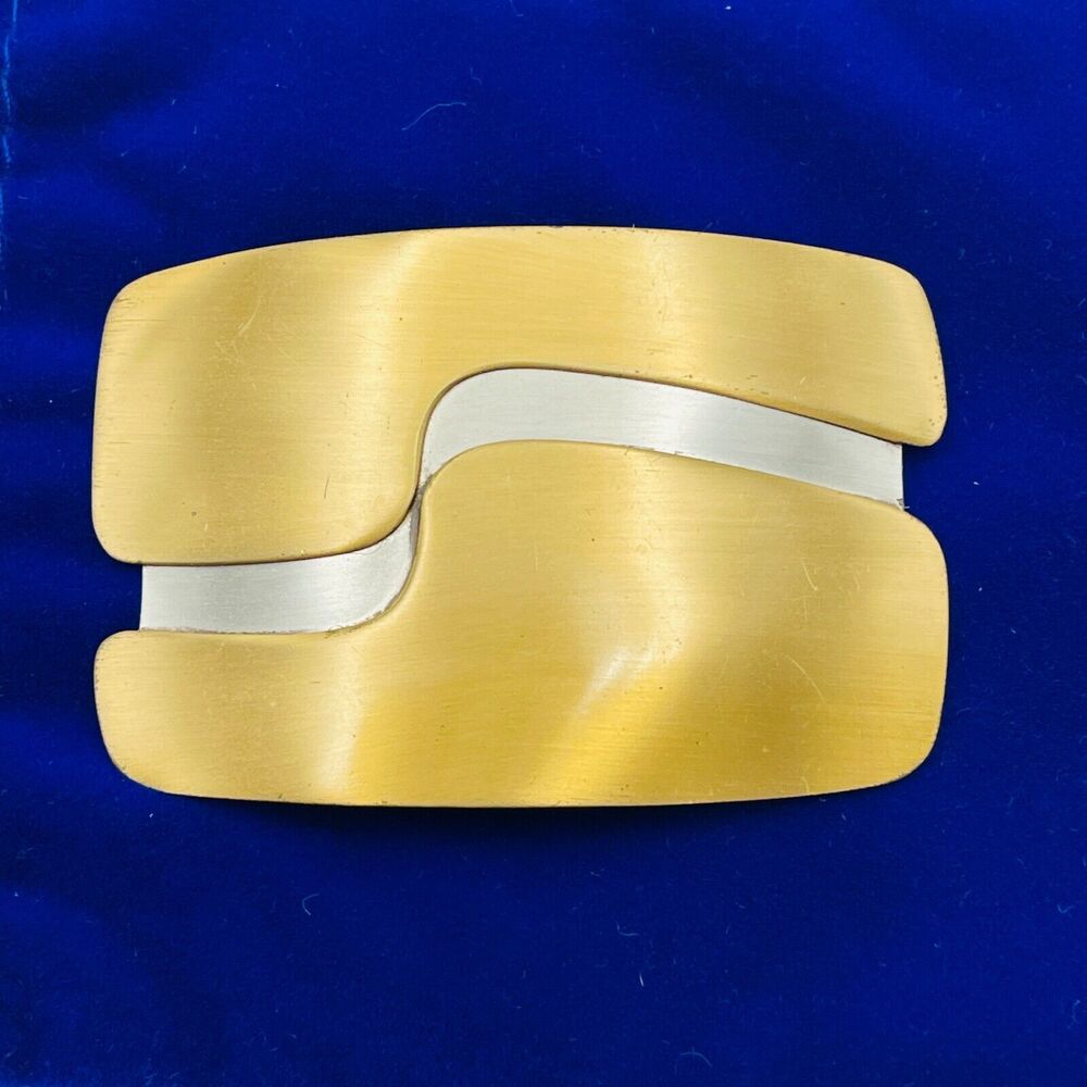 Modernist Satin Brass Brooch Rectangular Pin Signed Florelle Handmade Two Toned
